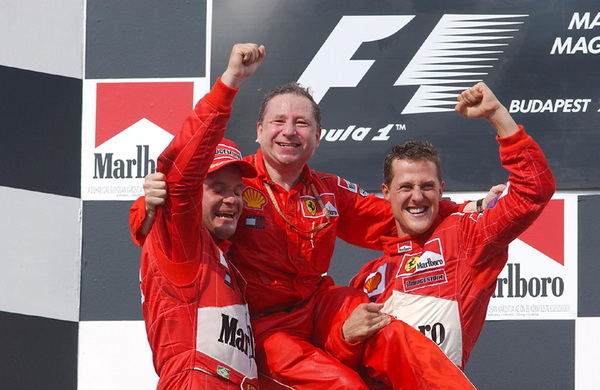 Ungarns Grand Prix 2001 - Podiet med Michael Schumacer, Rubens Barrichello og Jean Todt